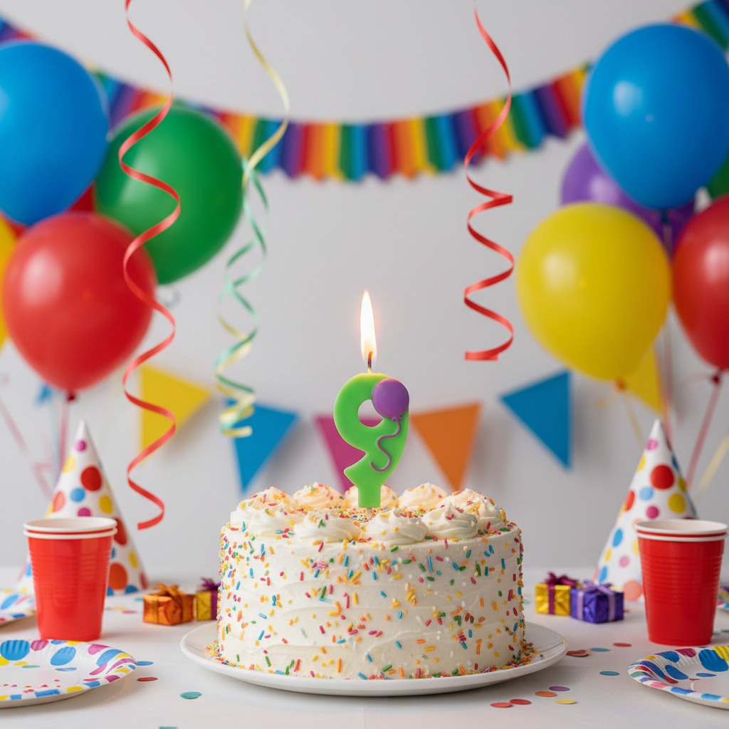 Green number 9 balloon candle lit and glowing on 9th birthday cake with colorful balloons