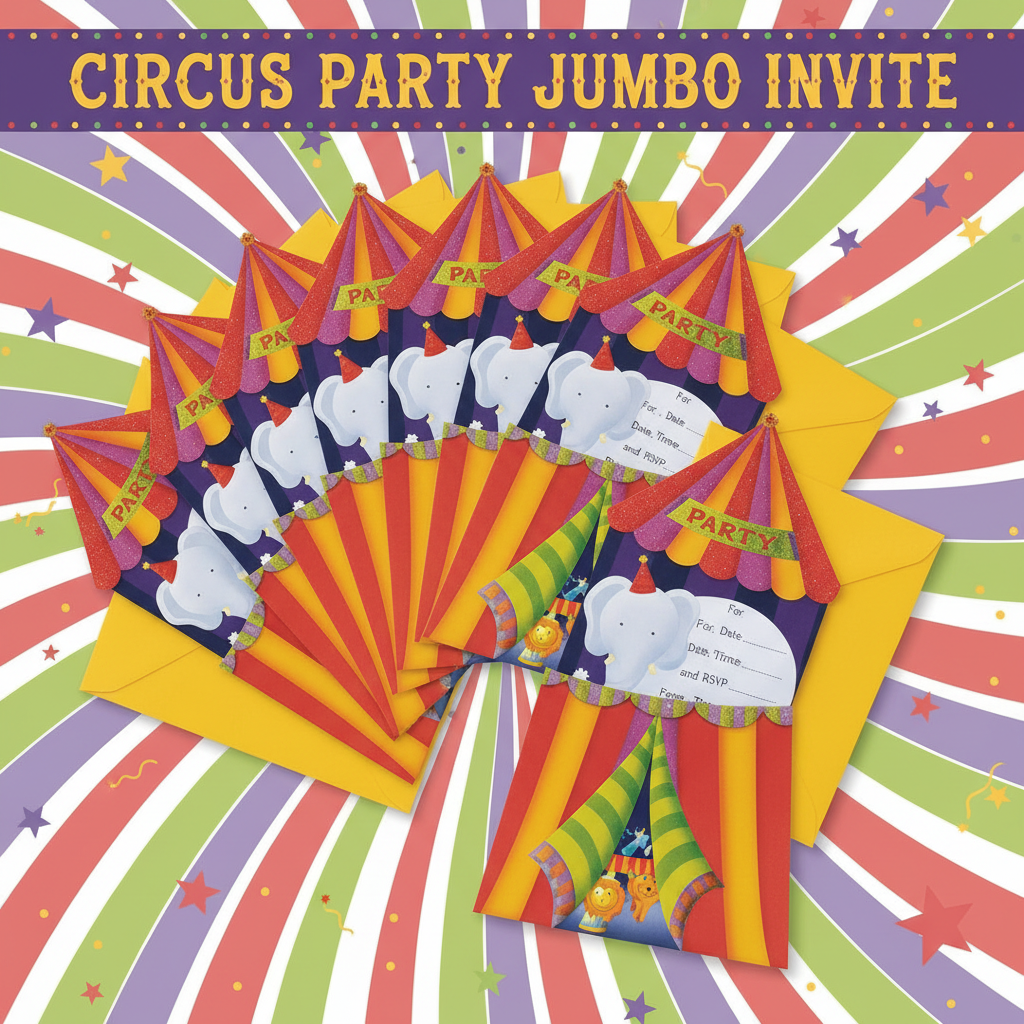 Circus Party Jumbo Invitations Pack of 8 with Yellow Envelopes