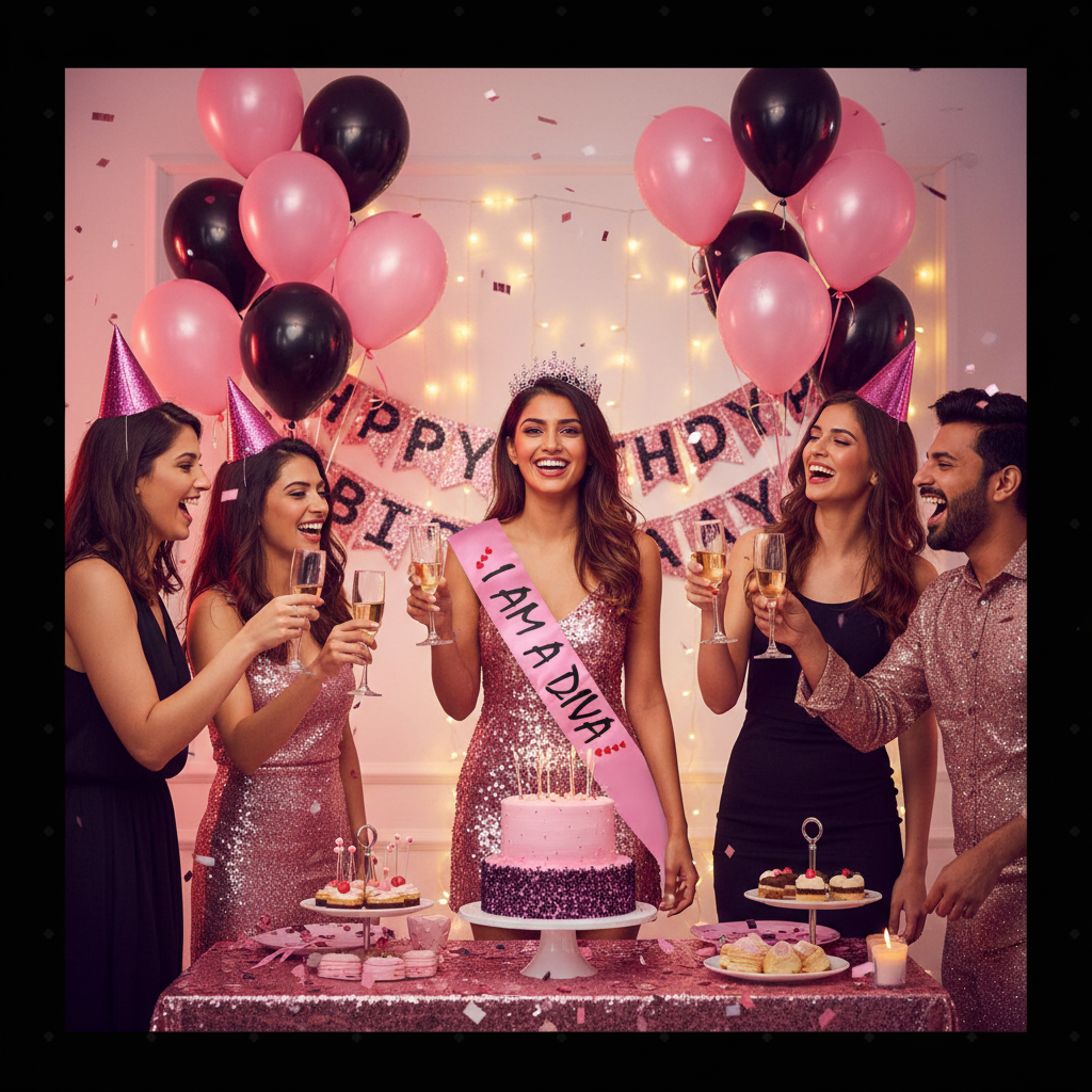 Indian woman wearing pink I AM A DIVA satin sash at birthday party with friends