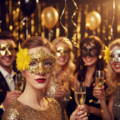 Golden Sequin Mask with Yellow Flower at NYE Masquerade Party