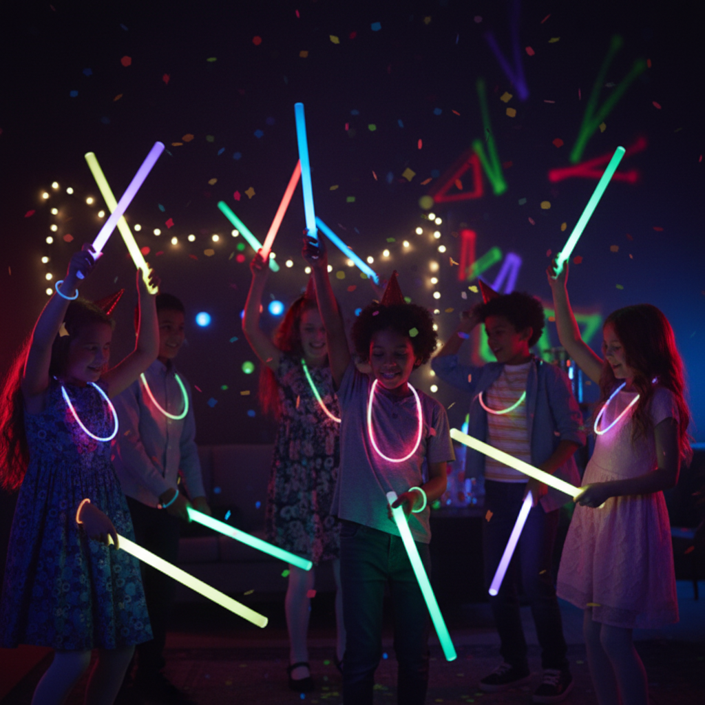 Kids waving colorful glow in the dark sticks at fun nighttime birthday glow party multicolor neon sticks in dark room