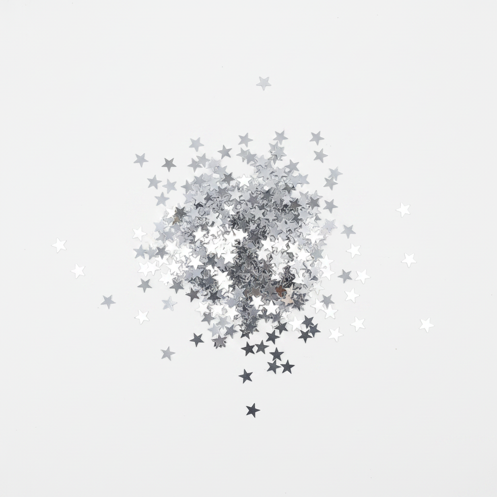 Silver metallic star confetti flat lay top down view on white surface sparkling stars