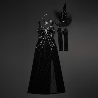 Black long women witch Halloween costume flat lay with silver spider web print tall witch hat and black gloves