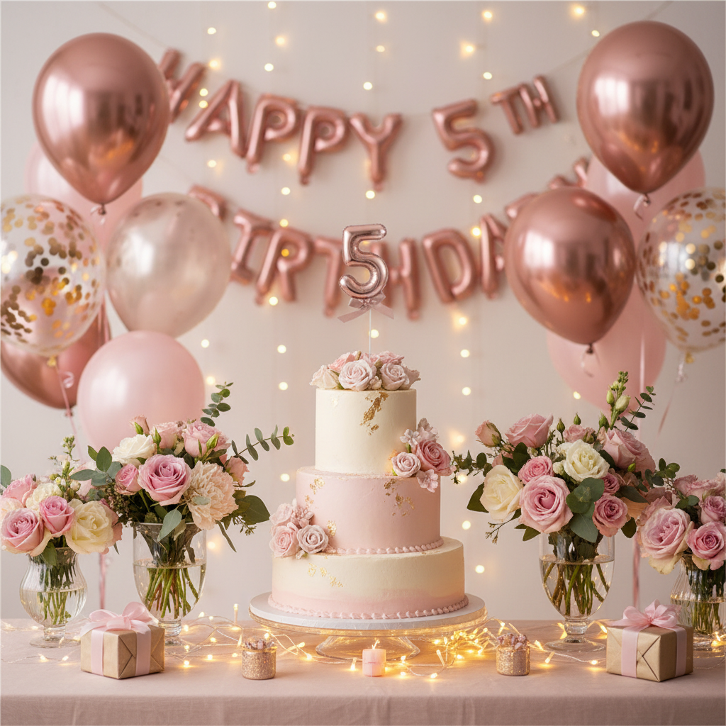 Rose gold number 5 cake topper on tiered birthday cake with pink gold balloons and flowers