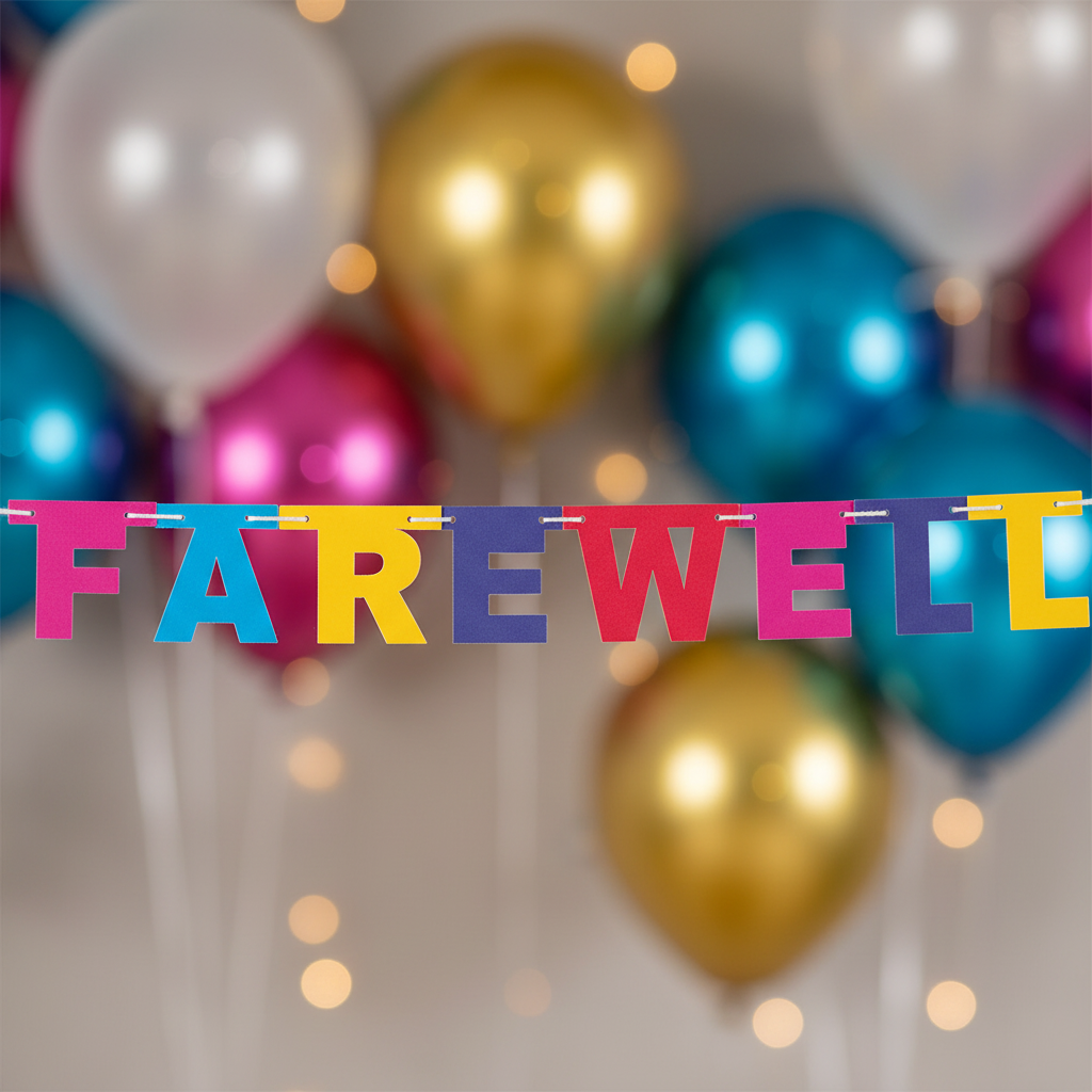 Close up detail of colorful Farewell letter banner with multicolor bold letter tiles
