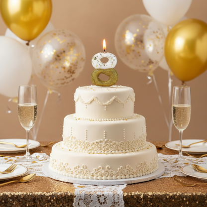Semi glitter gold and white number 8 candle lit on white frosted birthday cake with gold balloons