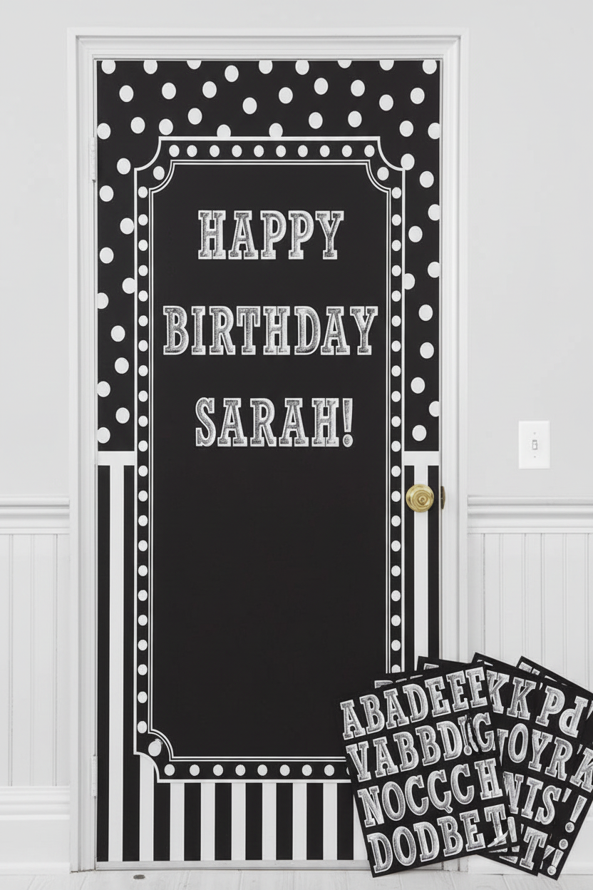 Elegant black and white birthday door decoration kit on home entrance over 5 feet tall with Happy Birthday text and custom name