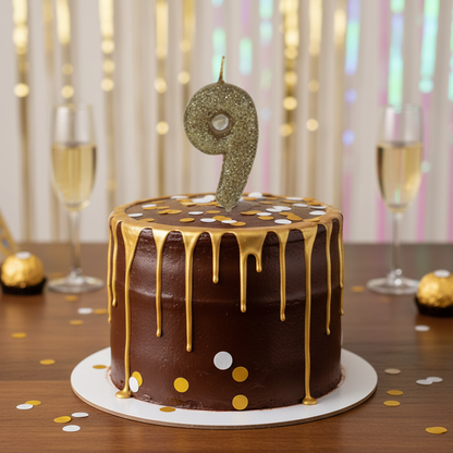 Golden glitter number 9 candle on chocolate cake with gold drip and confetti