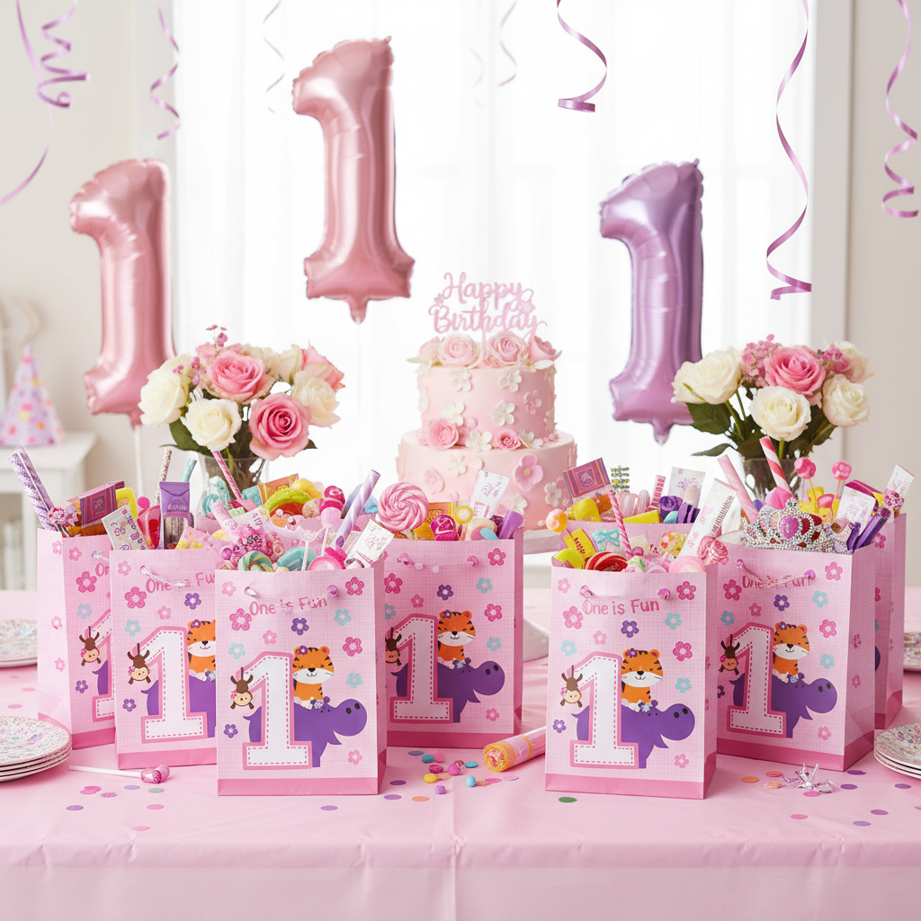 One is Fun Girl Loot Bags at Baby Girl 1st Birthday Party Table