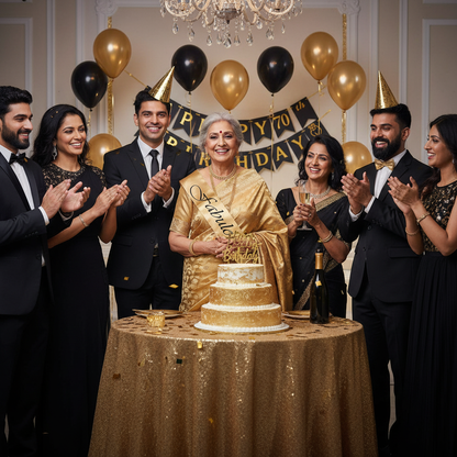 Elegant Indian woman wearing golden Fabulous 70 satin sash at 70th birthday party