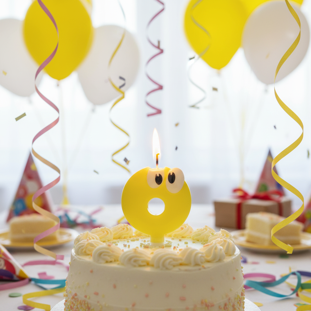 Yellow googly eyes number 0 candle lit and glowing on birthday cake with yellow white balloons