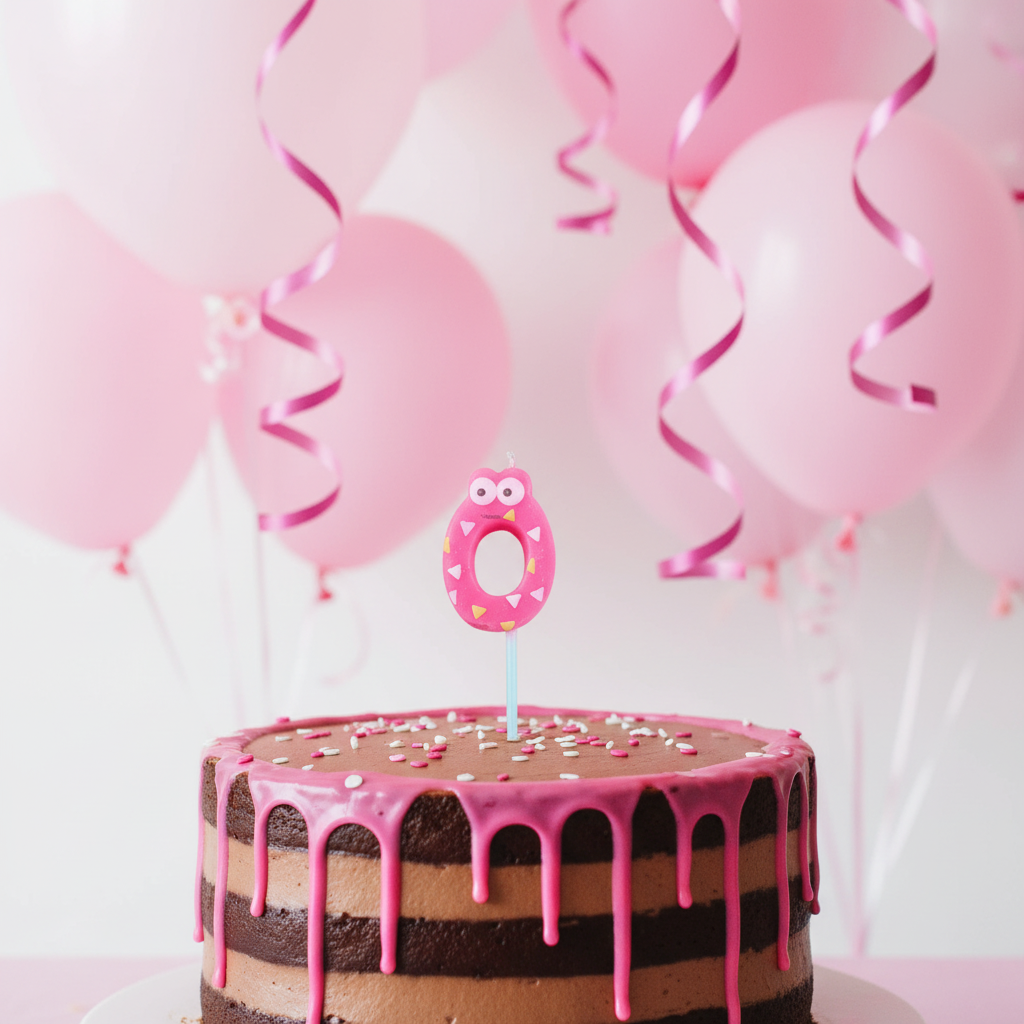Pink Number 0 candle close up on chocolate cake with pink drip frosting