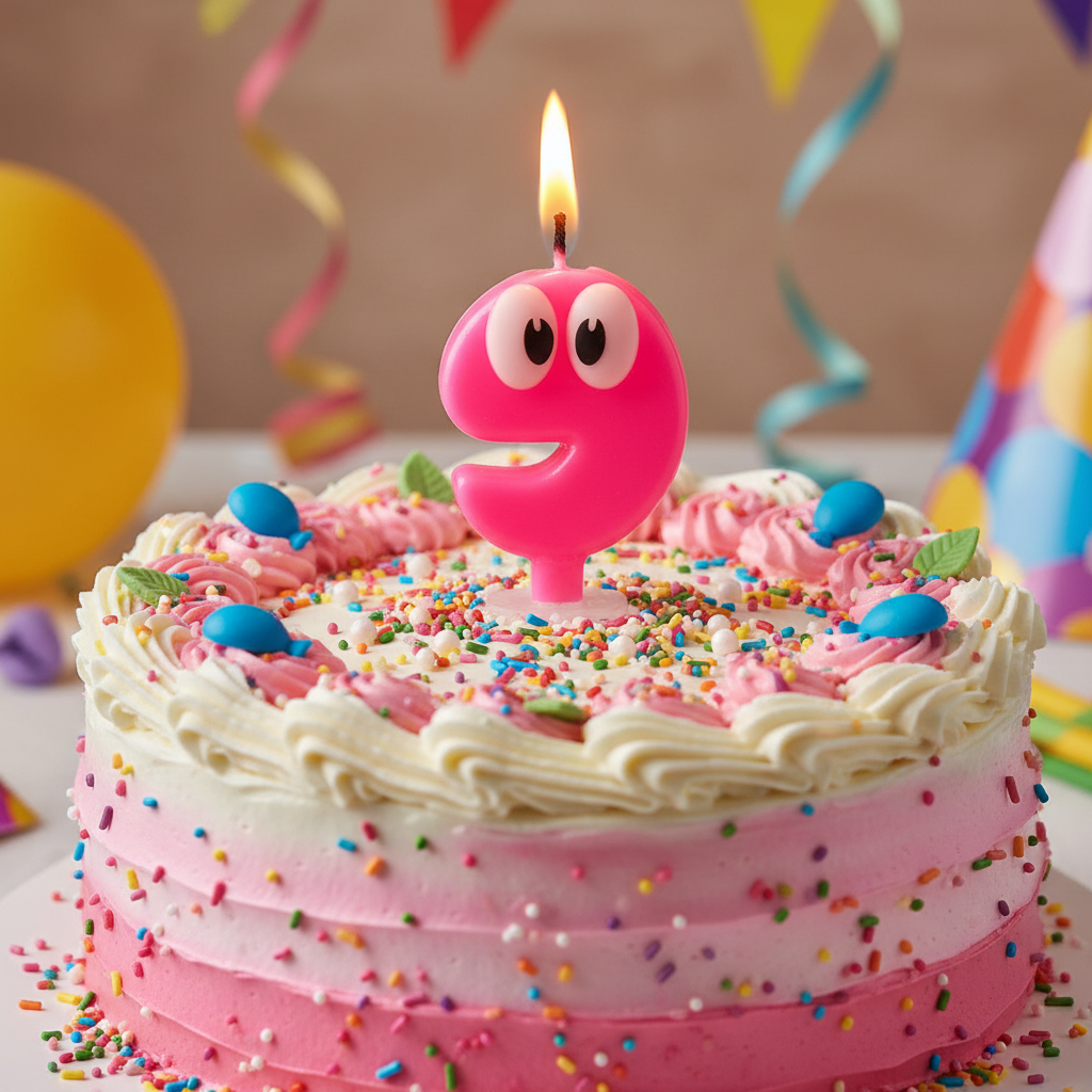 Pink googly eyes number 9 candle on pink white birthday cake with frosting and sprinkles