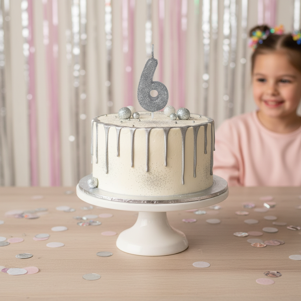 Silver glitter number 6 candle on white cake with silver drip and confetti