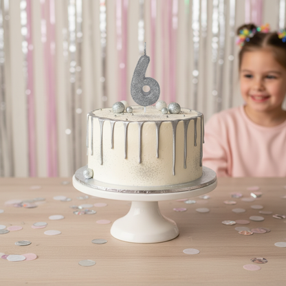 Silver glitter number 6 candle on white cake with silver drip and confetti
