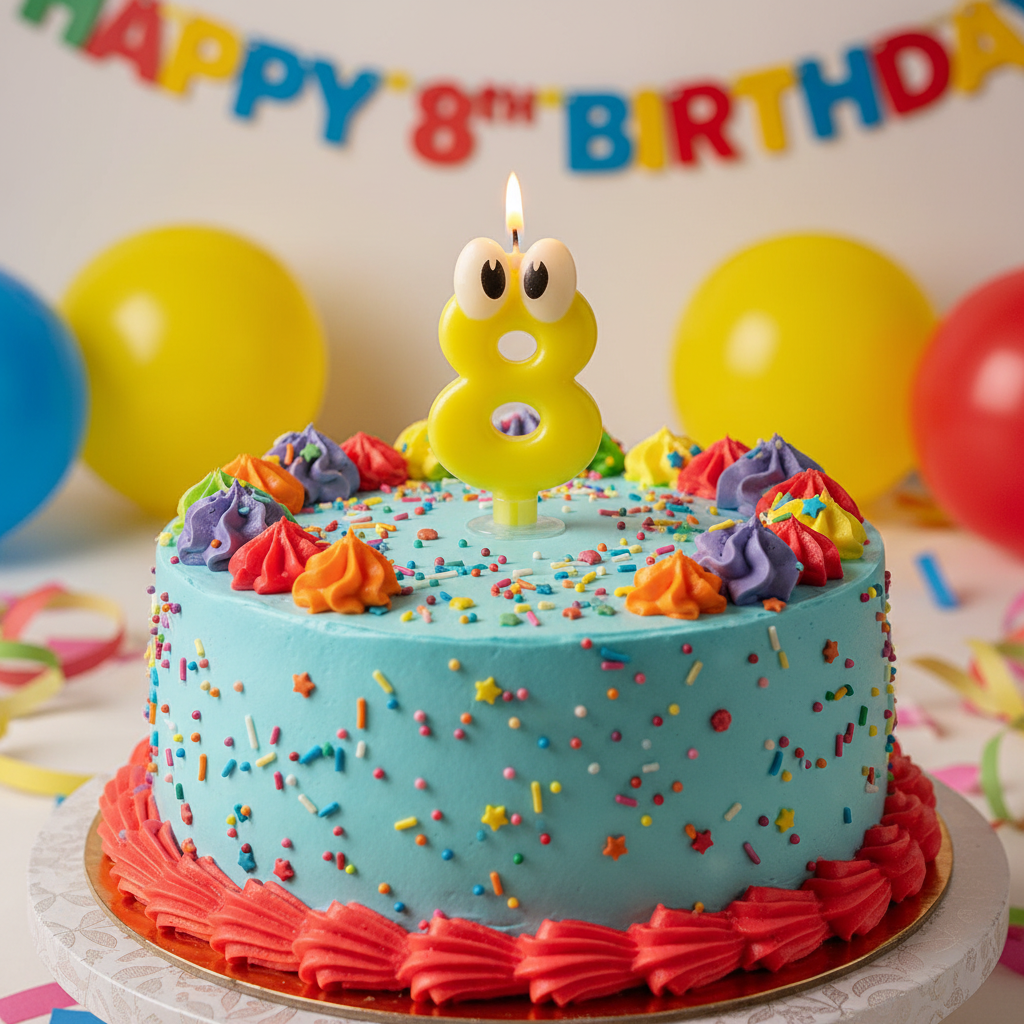 Yellow googly eyes number 8 candle on colorful birthday cake with frosting and sprinkles