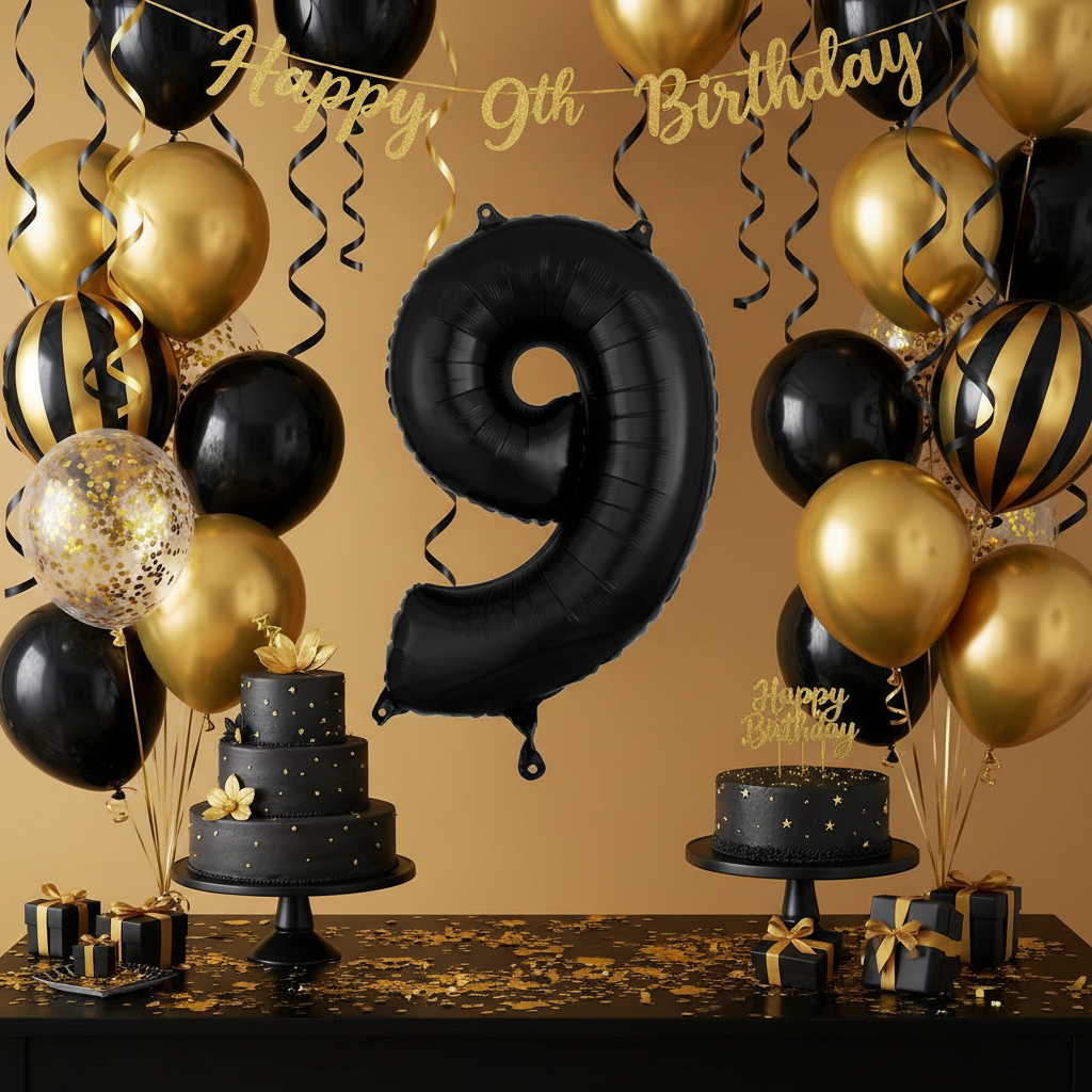 Black Number 9 Balloon - 9th Birthday Party