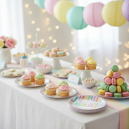 Colorful Welcome Baby shower dessert plates with pastel rainbow stripes and chevron pattern on baby shower dessert table with cupcakes