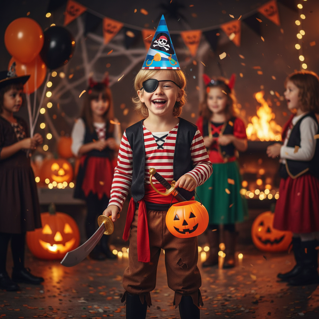 Pirate Treasure Cone Hat worn by Child at Halloween Costume Party
