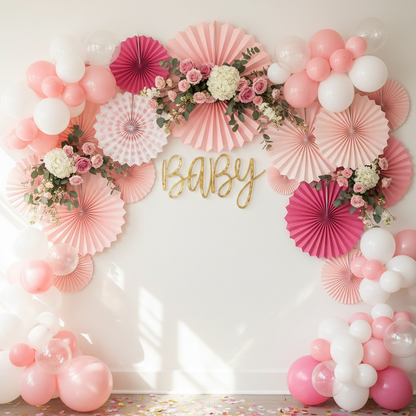 Pink paper fan decorations used as a baby shower party backdrop