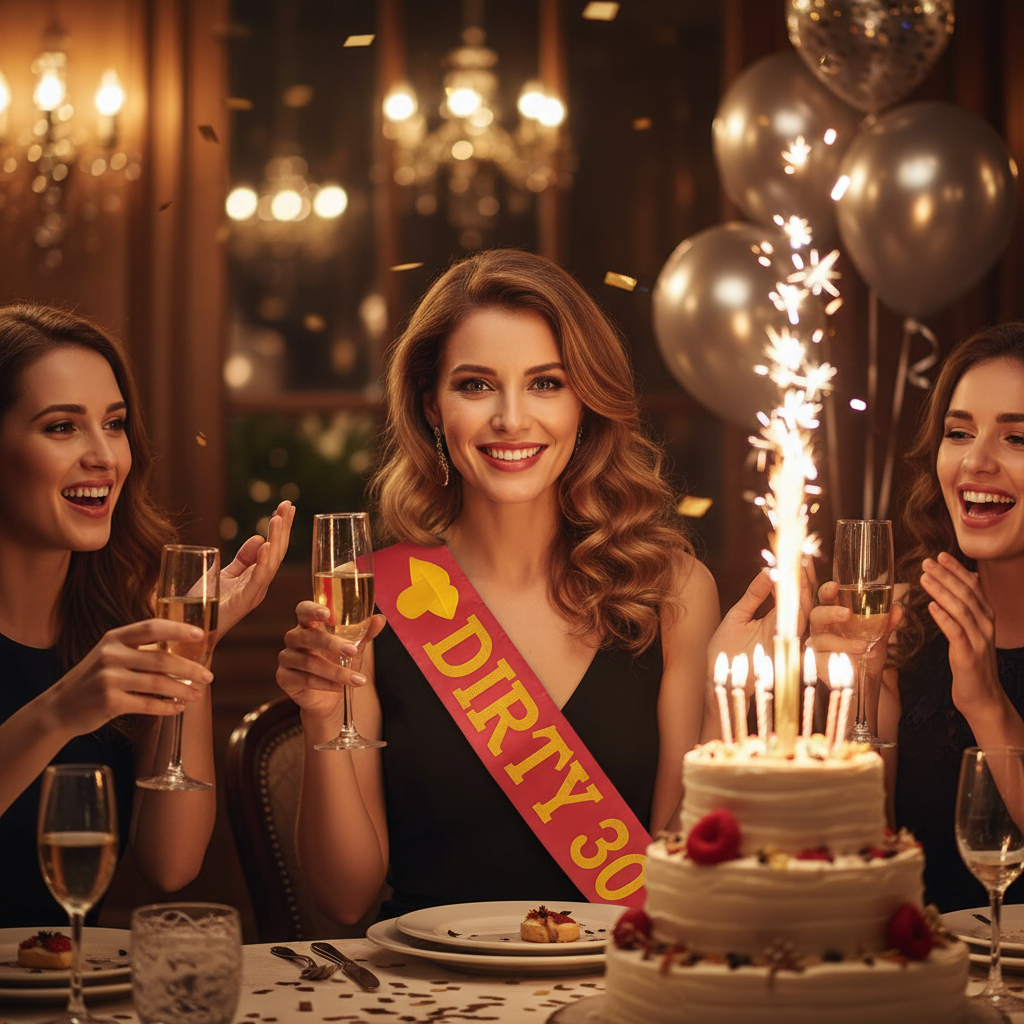 Woman wearing Dirty 30 satin sash at glamorous 30th birthday dinner celebration