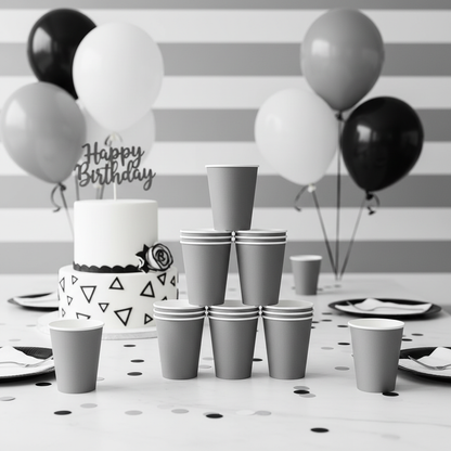Glamour Grey Paper Cups at Stylish Monochrome Birthday Party Setup