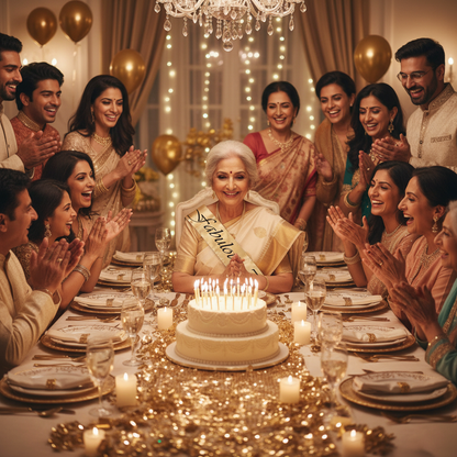 Graceful Indian woman wearing Fabulous 70 sash at elegant 70th birthday dinner
