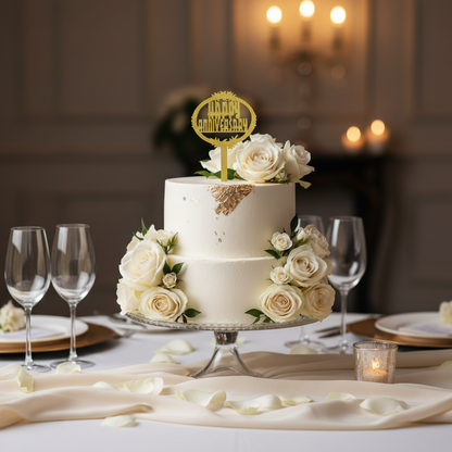Happy Anniversary gold acrylic oval cake topper on white anniversary cake with roses and gold accents
