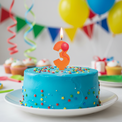 Orange number 3 balloon candle lit and glowing on 3rd birthday cake with colorful balloons