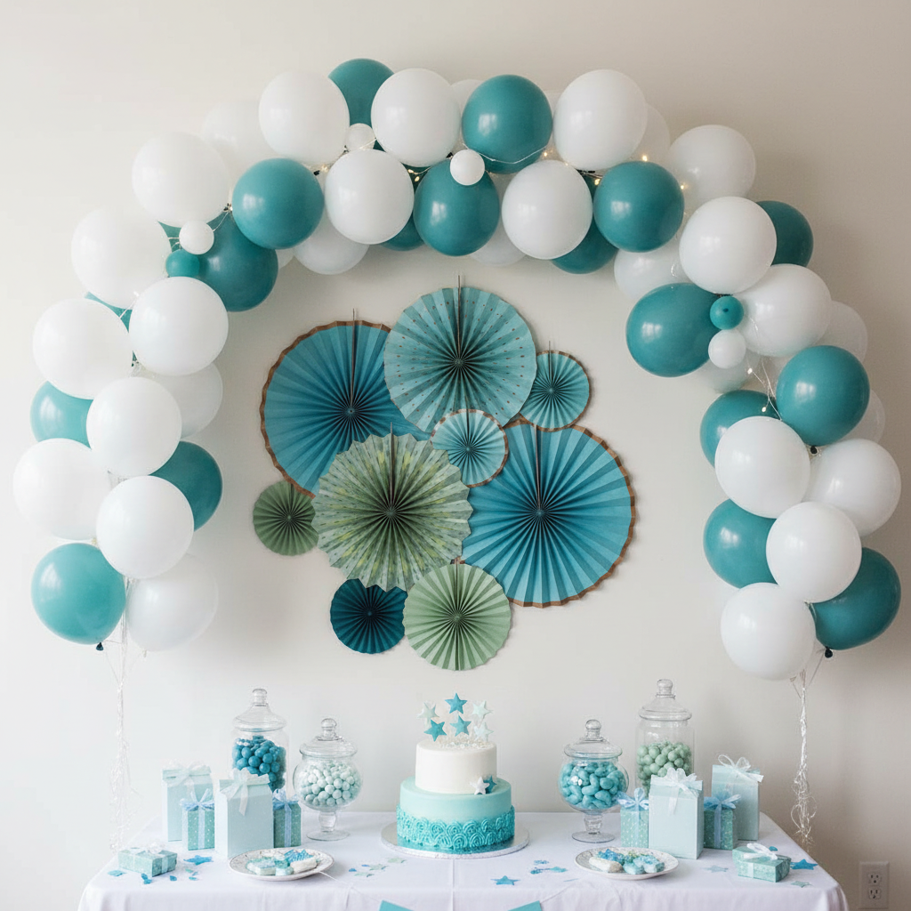 Blue Teal Paper Fans at Baby Shower Wall Display