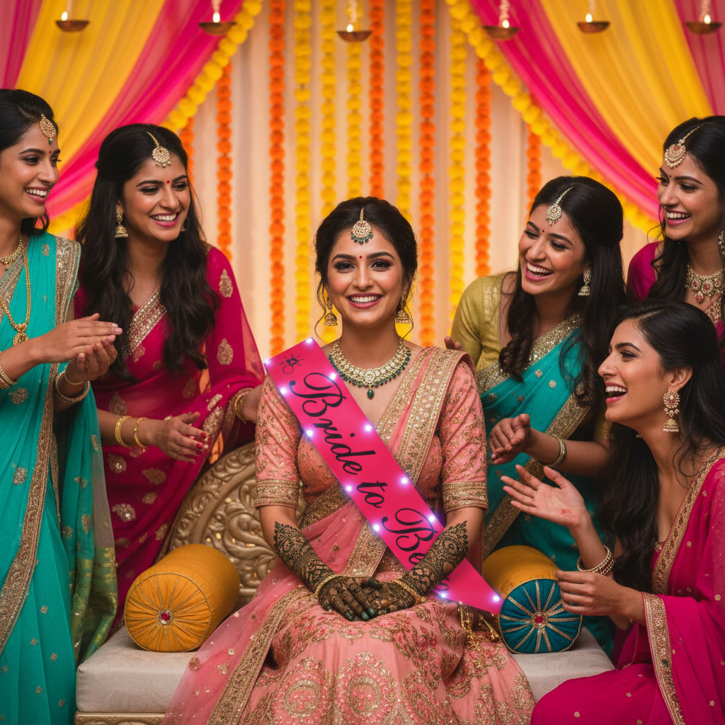Indian bride-to-be wearing glowing pink Bride To Be sash at mehndi ceremony