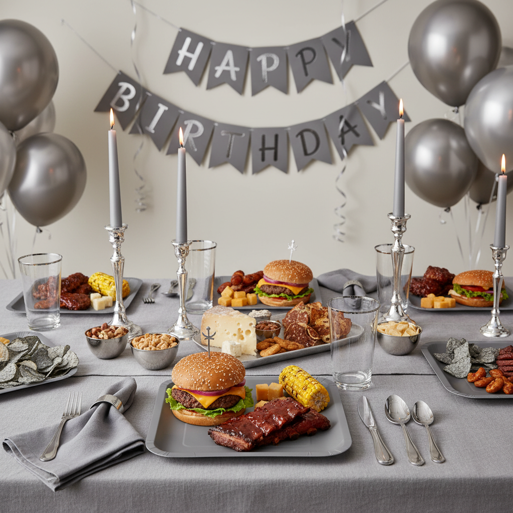 Elegant party table setup with square grey paper plates serving food