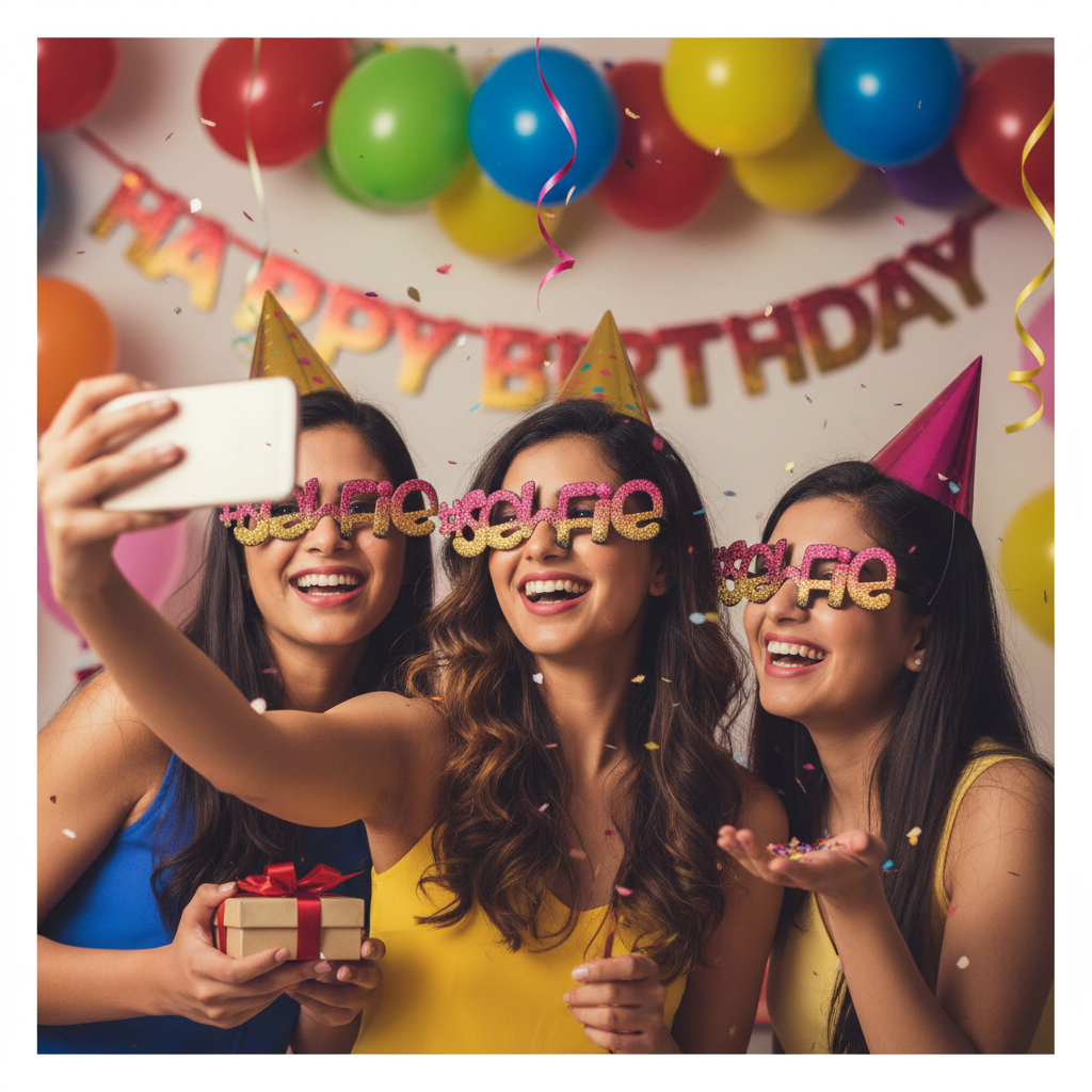 Woman wearing selfie shades at birthday party