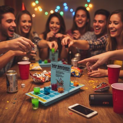 Ship Wrecked Battle Shots drinking game setup on party table with colorful shot glasses college party game night