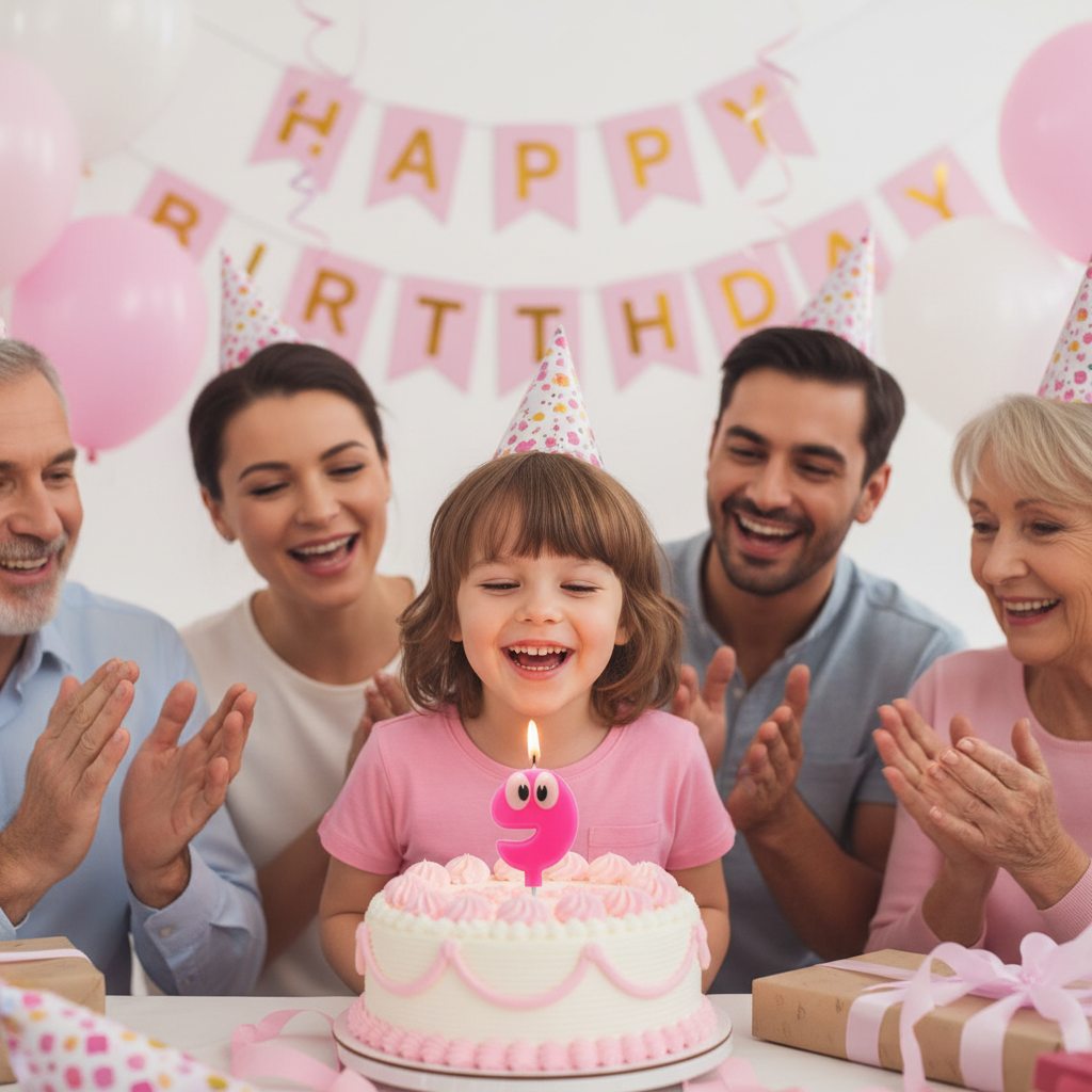 Child celebrating 9th birthday blowing pink googly eyes number 9 candle on cake with family