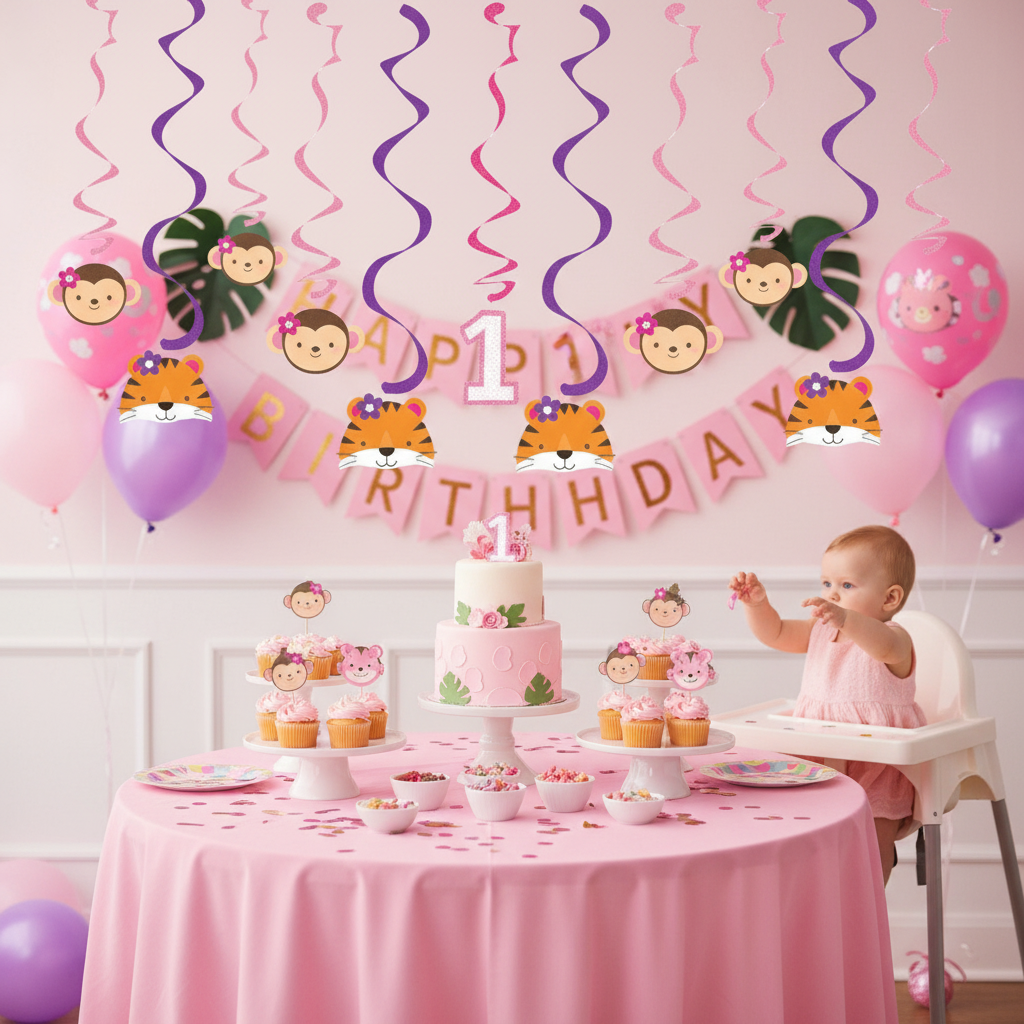 Cute pink and purple swirl danglers with girl monkey and tiger faces hanging from ceiling at baby girl first birthday party