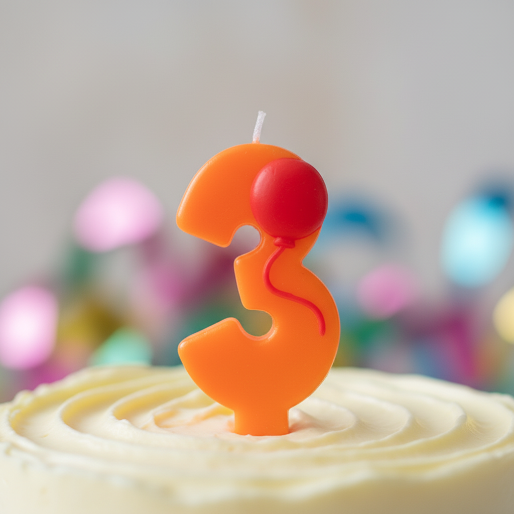 Close up detail of orange number 3 birthday candle with red balloon on top