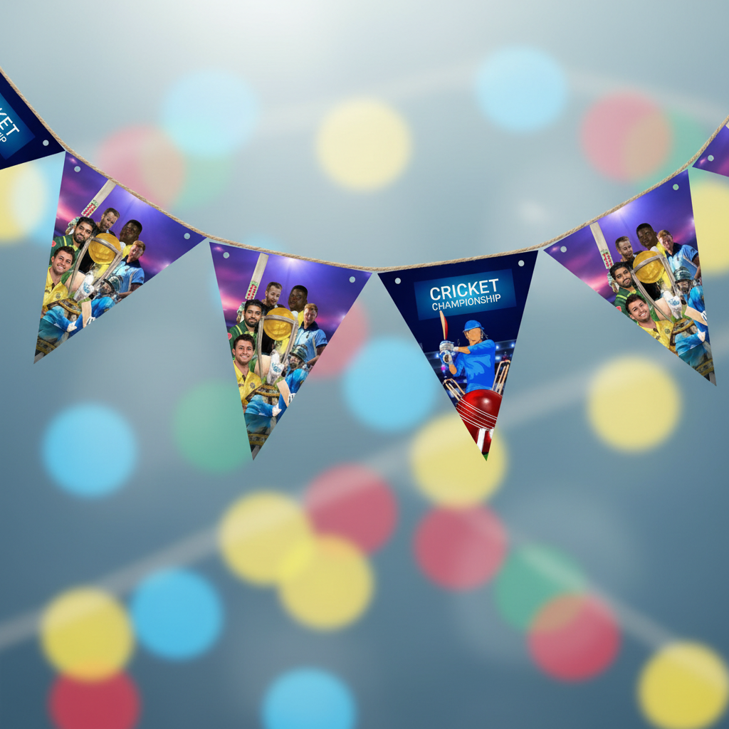 Close up detail of Cricket Championship bunting triangular flags with cricket player illustrations
