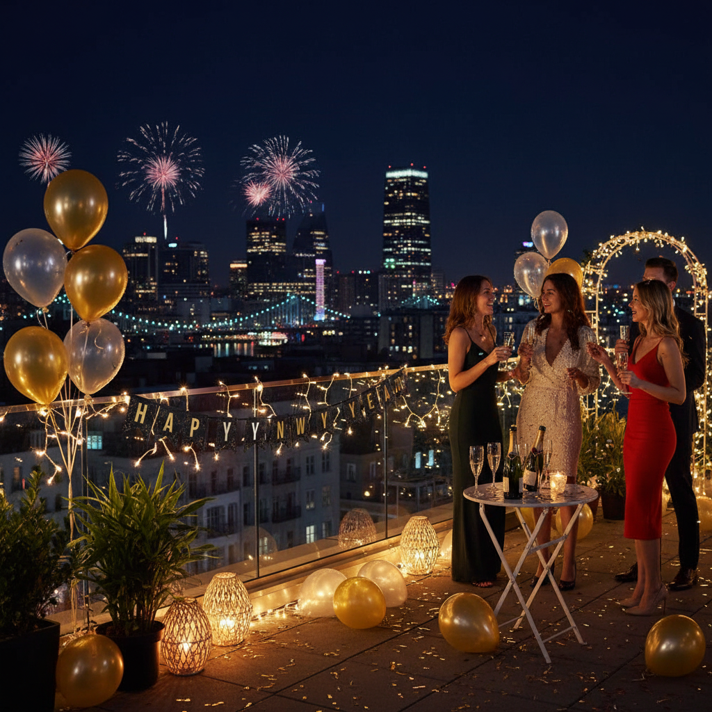 Happy New Year bunting banner at outdoor rooftop party with city skyline