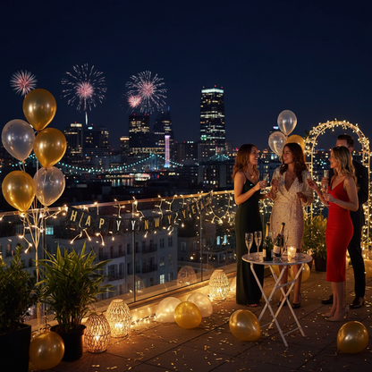 Happy New Year bunting banner at outdoor rooftop party with city skyline