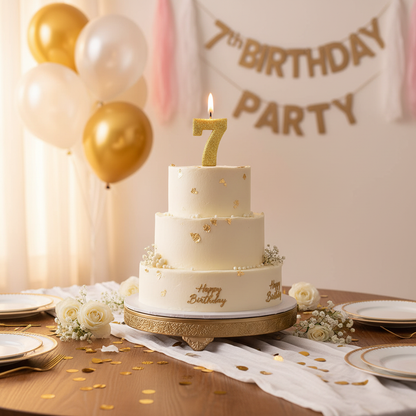 Golden glitter number 7 candle lit on white frosted birthday cake with gold balloons