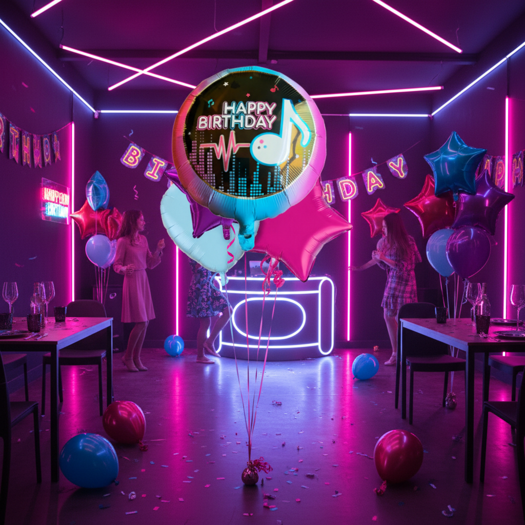Neon Happy Birthday Balloon - Music Party Setup