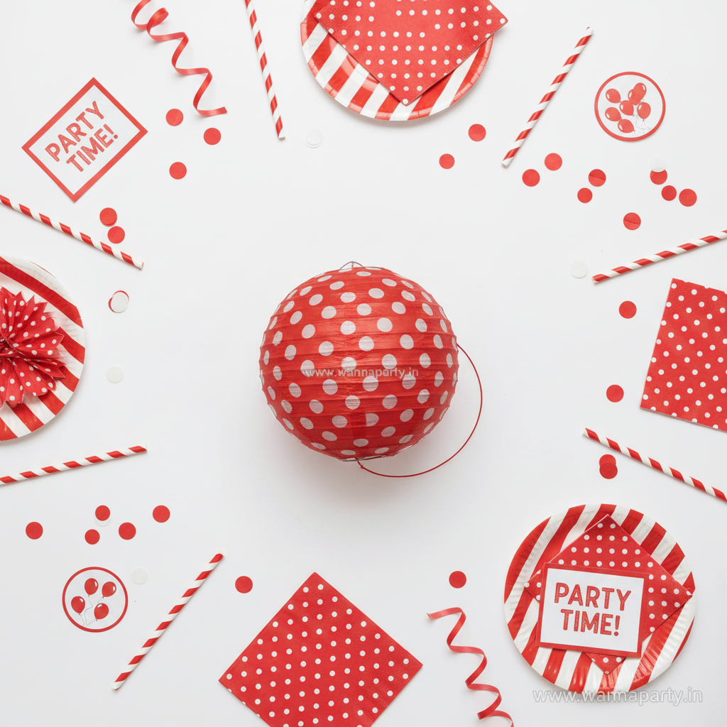Red Polka Dot Round Paper Lantern Party Decor Flat Lay
