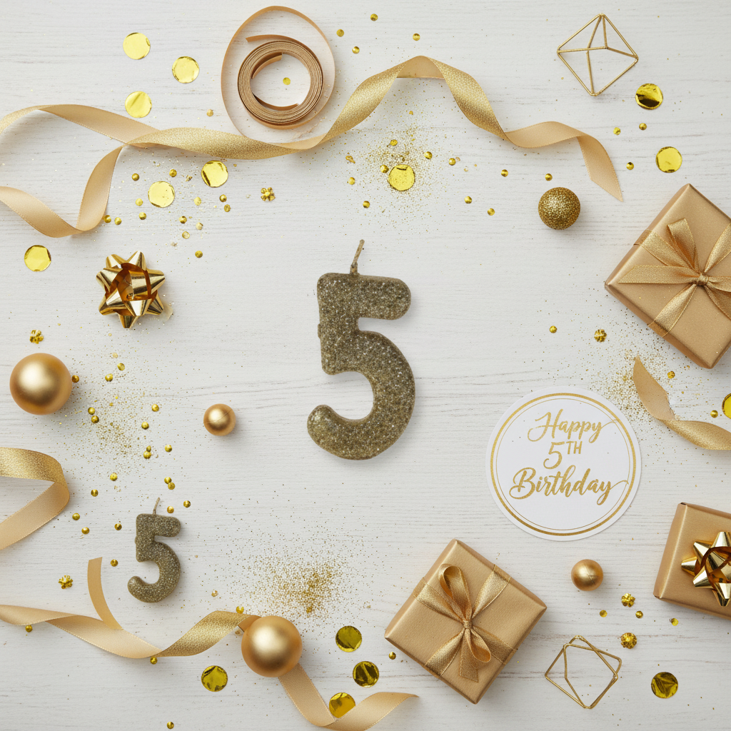 Golden glitter number 5 candle flat lay with gold ribbons gift boxes and golden party decor