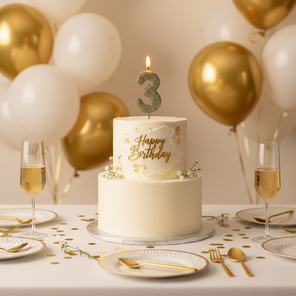 Golden glitter number 3 candle lit on white frosted birthday cake with gold balloons