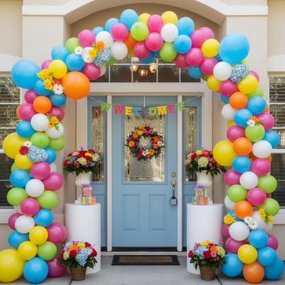 Colorful Welcome letter banner hung at house entrance for a party with balloons