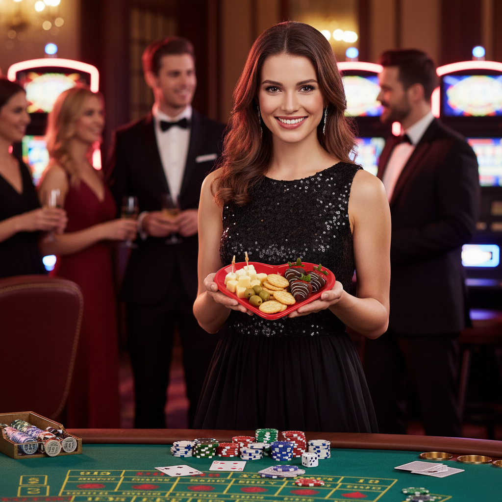 Model serving snacks in Mini Heart Snack Tray at casino party
