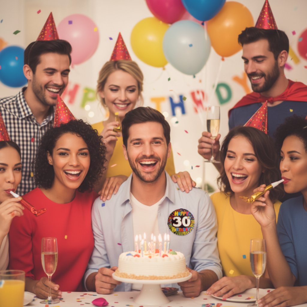 Person wearing 30th birthday badge with colorful sunburst design at birthday party with friends