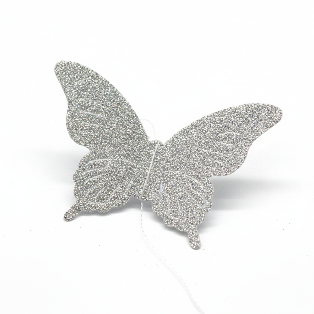 Glitter silver butterfly string decoration close up detail