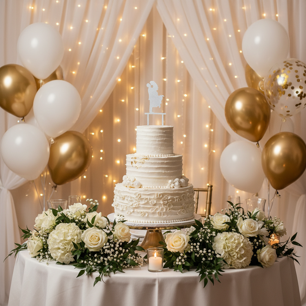 Silver bride groom silhouette cake topper on tiered white wedding cake with gold balloons and flowers